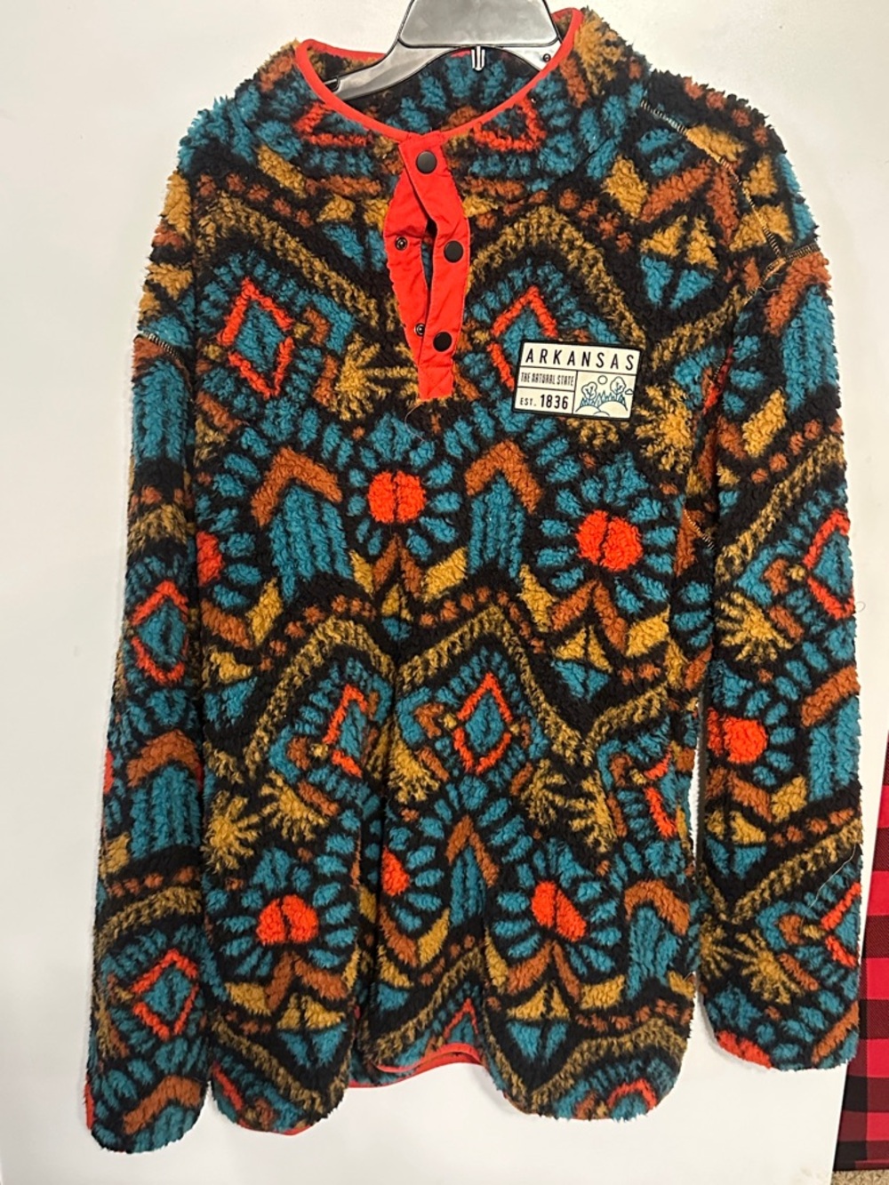 Arkansas Patterned Fleece Henley Crewneck Sweater - Teal/Orange/Gold